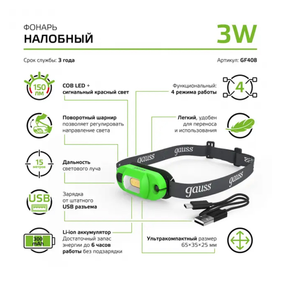 Фонарь налобный Gauss GFL408 (GF408)