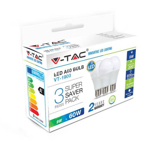 Лампа светодиодная LED BULB 9W A60 E27 PLASTIC 4000K 3PCS/PACK