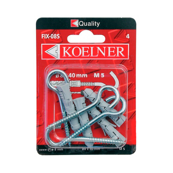 Комплект дюбель Koelner D8х40 мм и S-крючок D5х65 мм 4 шт. B-FIX08S