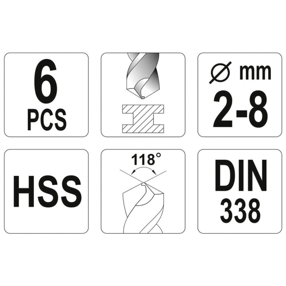Набор сверл Yato по металлу 2-8 мм 6 шт. (YT-4460)