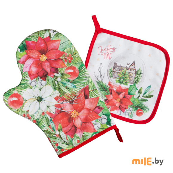 Набор кухонный Этель Christmas red flowers (варежка-прихватка 20х28 см, прихватка 19х19 см) 6535957