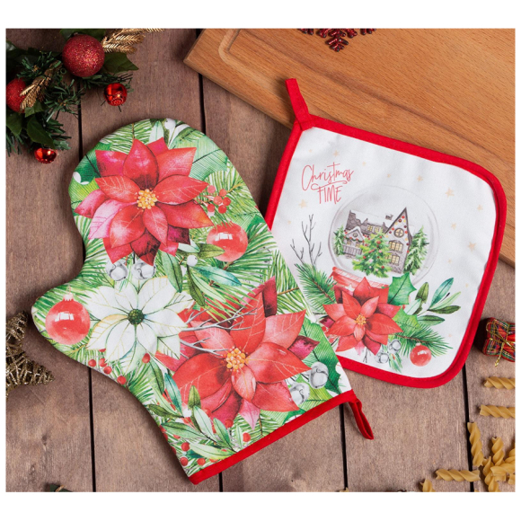 Набор кухонный Этель Christmas red flowers (варежка-прихватка 20х28 см, прихватка 19х19 см) 6535957